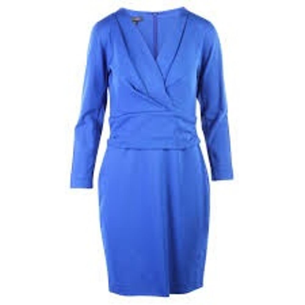 ESCADA Size 42 US 12 Royal Blue V-Neck Knee Length Ruched Wrap Designer Dress